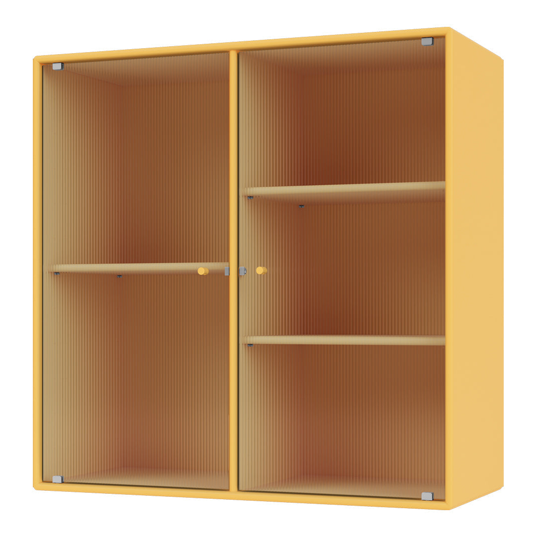 Yellow cabinet with ribbed texture and transparent doors, featuring a vibrant, cheerful design for stylish storage.