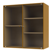 Orange ribbed cabinet with glass doors and wooden shelves, ideal for modern storage solutions.