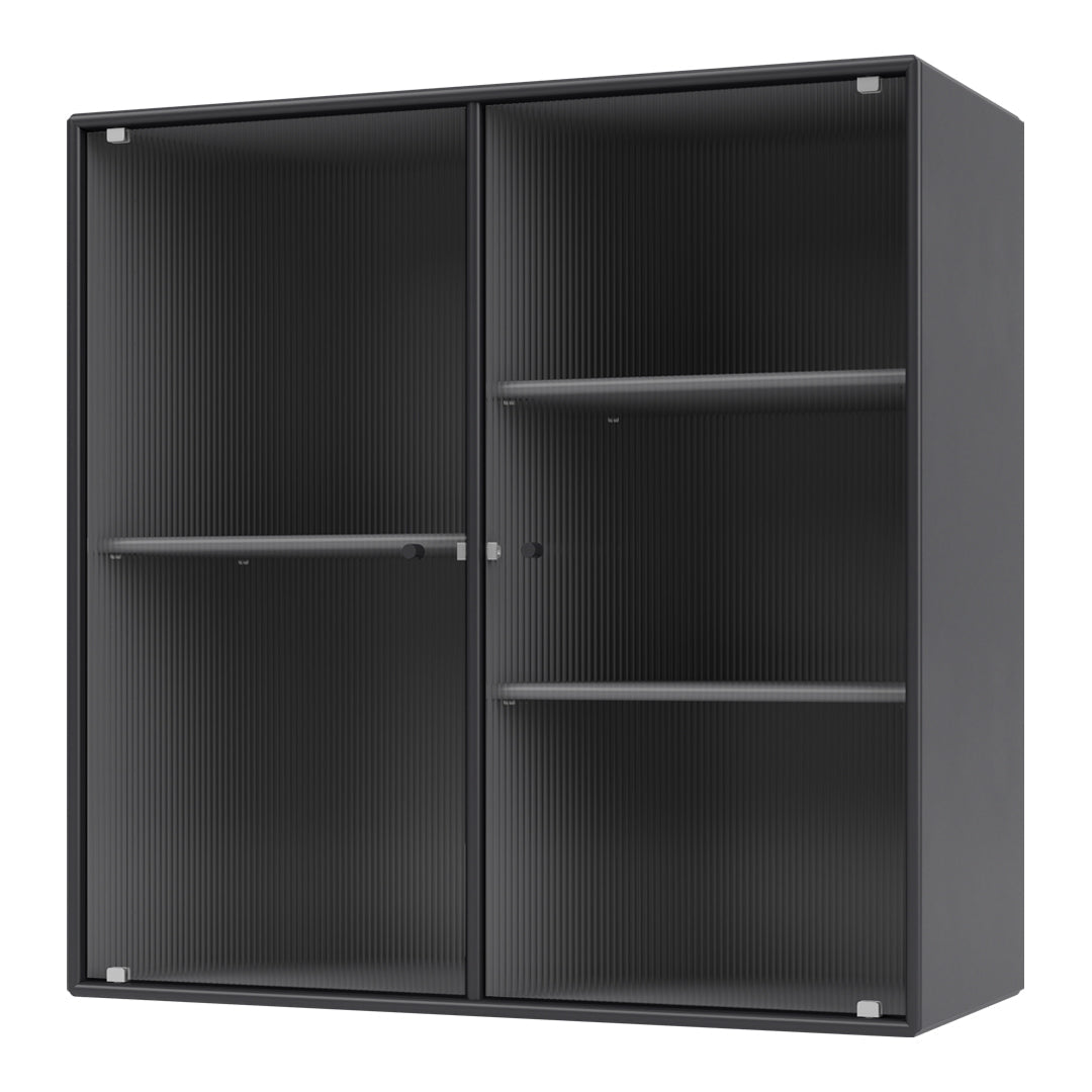 Modern black storage cabinet with vertical ribbed pattern and sleek glass doors, perfect for contemporary spaces.
