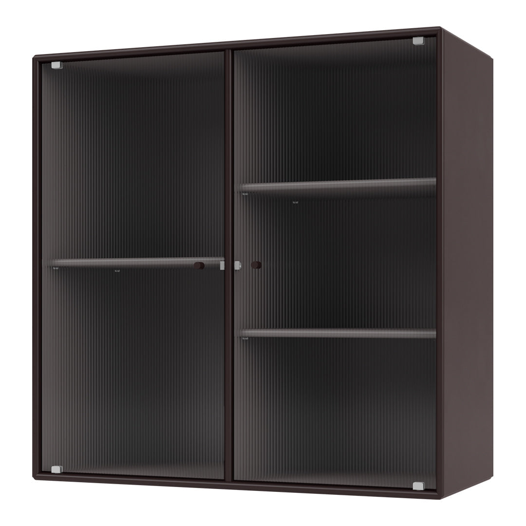 Dark brown display cabinet with ribbed glass doors and sleek metal accents, perfect for modern decor.