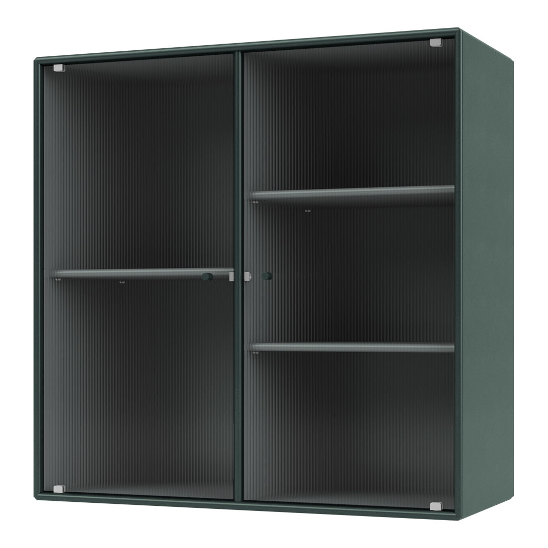 "Dark green cabinet with horizontal ribbed pattern and glass doors, featuring three adjustable shelves."