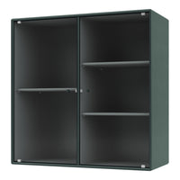 "Dark green cabinet with horizontal ribbed pattern and glass doors, featuring three adjustable shelves."