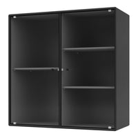 Black ribbed glass display cabinet with sleek black frame and transparent glass shelves. Ideal for modern decor.