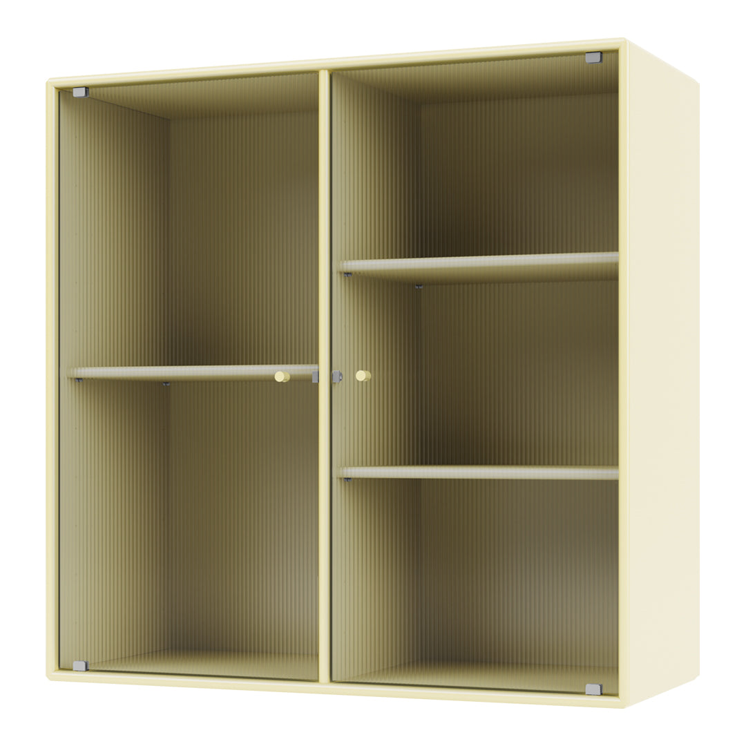 Yellow ribbed shelving unit with a sleek design, featuring open compartments and shiny knobs for a modern touch.