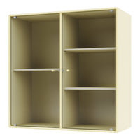 Yellow ribbed shelving unit with a sleek design, featuring open compartments and shiny knobs for a modern touch.