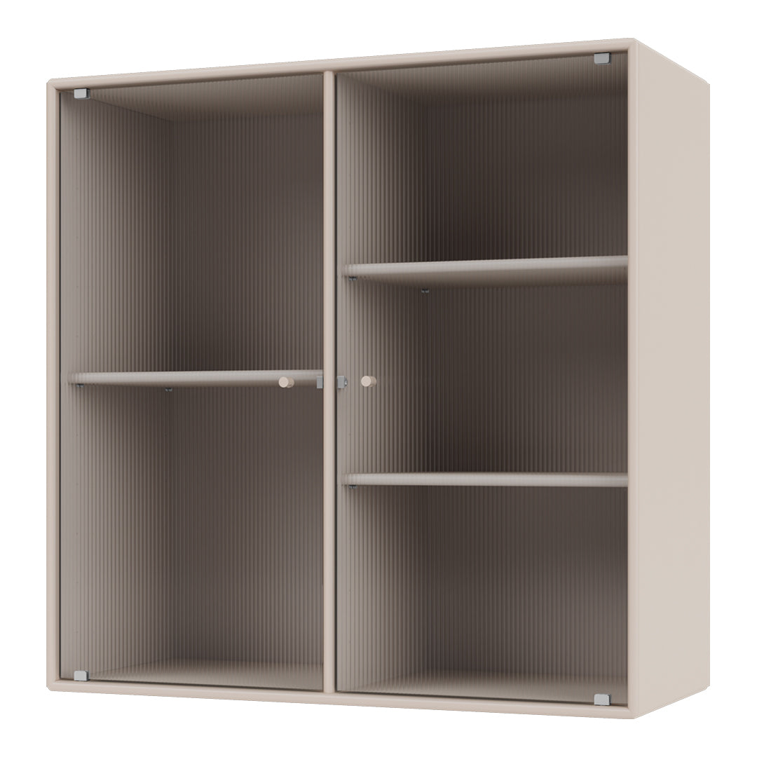 Beige shelving unit with vertical ribbed pattern and smooth surface, featuring multiple shelves for organization.