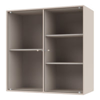 Beige shelving unit with vertical ribbed pattern and smooth surface, featuring multiple shelves for organization.