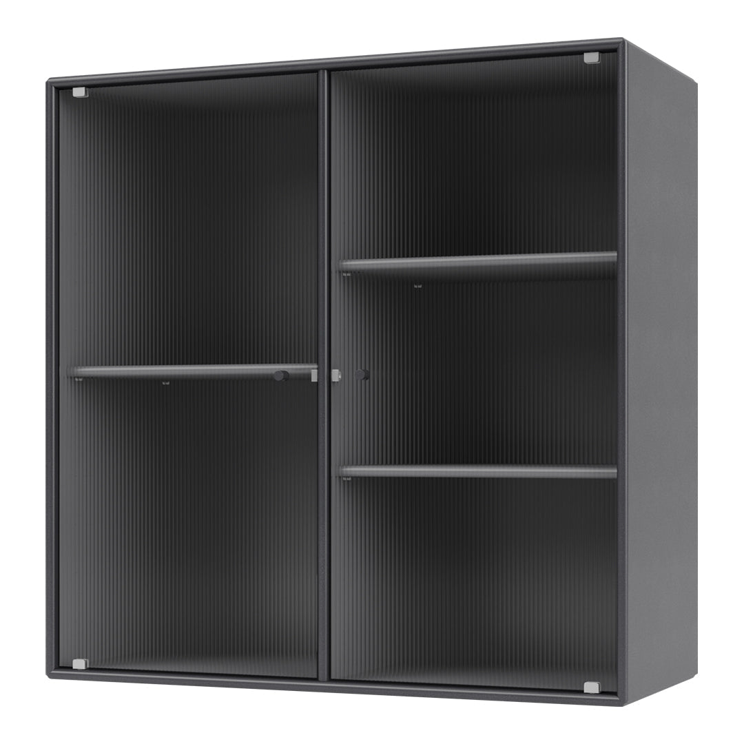Gray storage cabinet with ribbed pattern and transparent glass doors, featuring a sleek modern design.