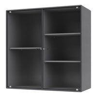 Gray storage cabinet with ribbed pattern and transparent glass doors, featuring a sleek modern design.