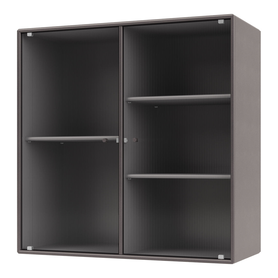 Gray ribbed cabinet with sleek glass doors and modern lines, perfect for contemporary storage solutions.