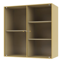 Yellow ribbed cabinet with contrasting light shelves and modern design for stylish storage.