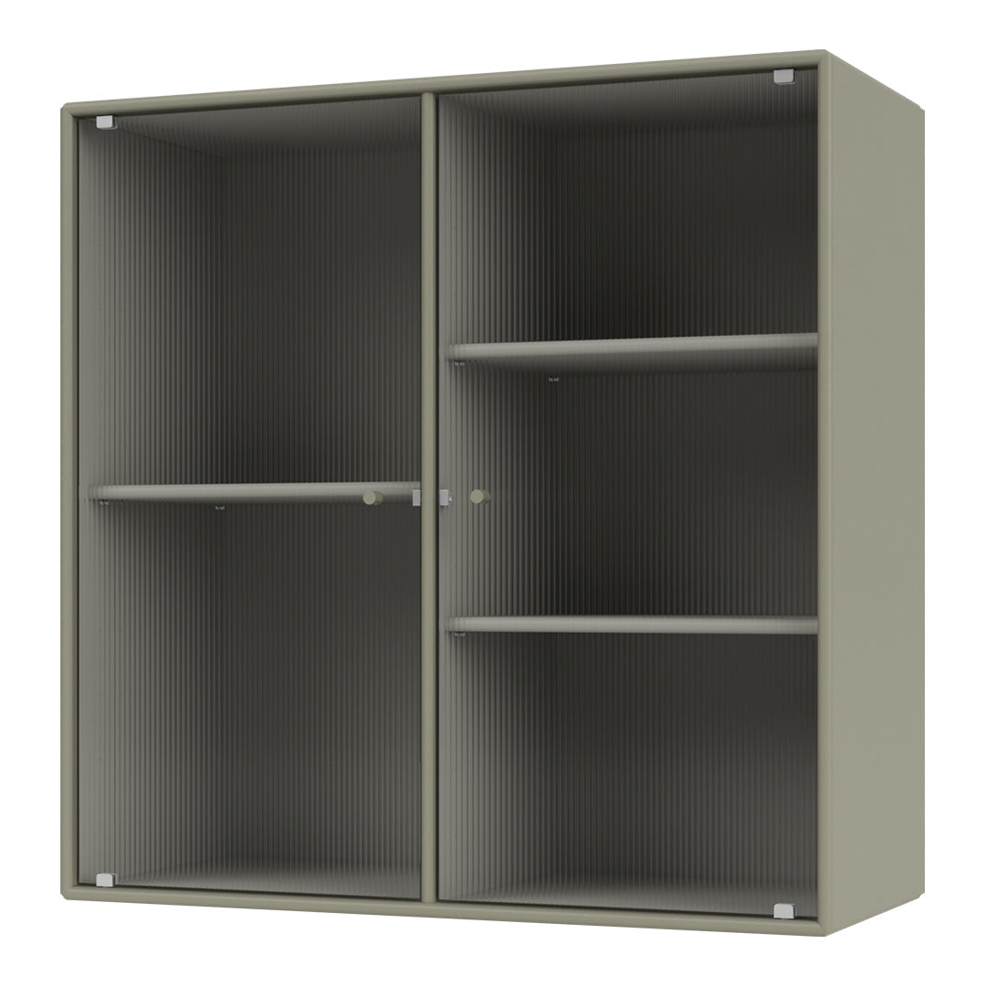 Two-tone ribbed storage cabinet in muted green with gray accents and clean lines, ideal for modern decor.