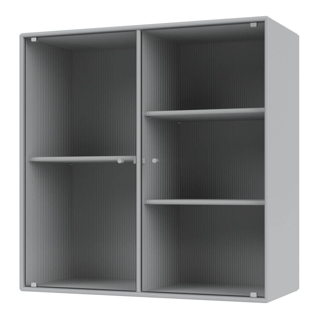 Gray ribbed storage cabinet with two compartments and multiple shelves for versatile organization.