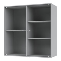 Gray ribbed storage cabinet with two compartments and multiple shelves for versatile organization.