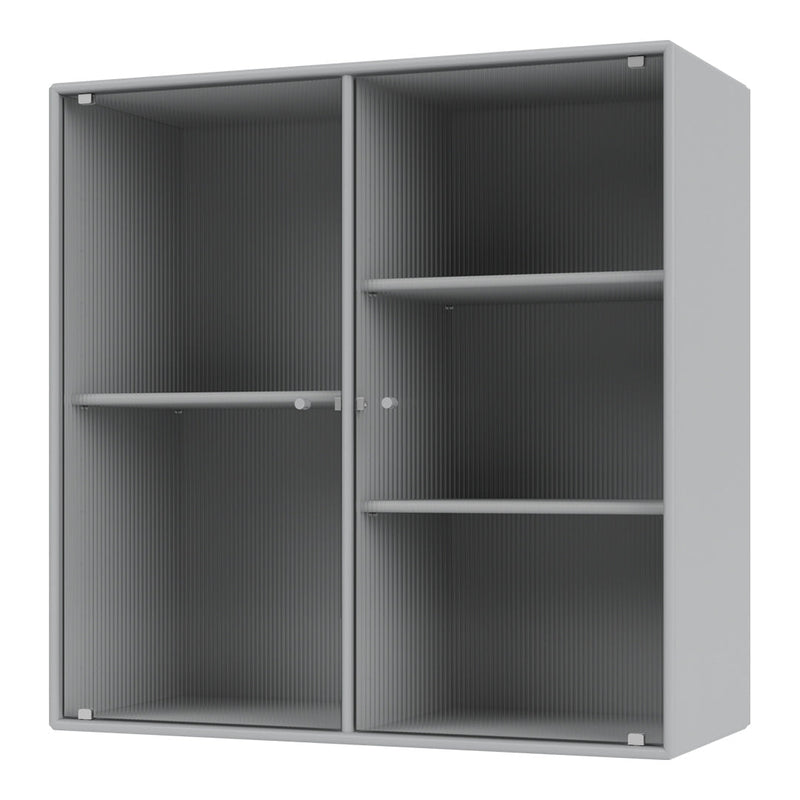 Gray ribbed storage cabinet with two compartments and multiple shelves for versatile organization.