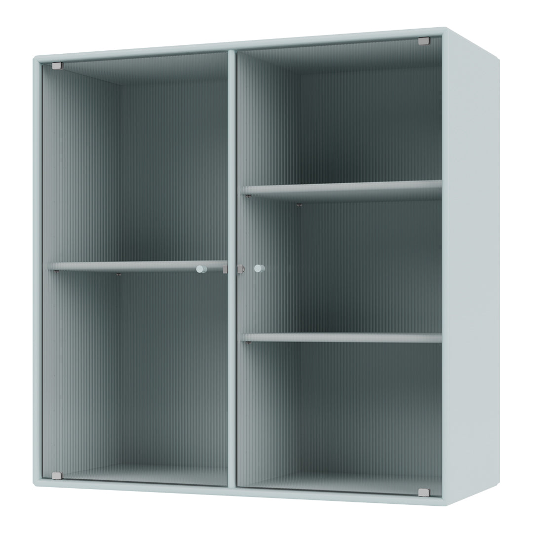 Light blue ribbed cabinet with open shelves, showcasing a modern and minimalist design.