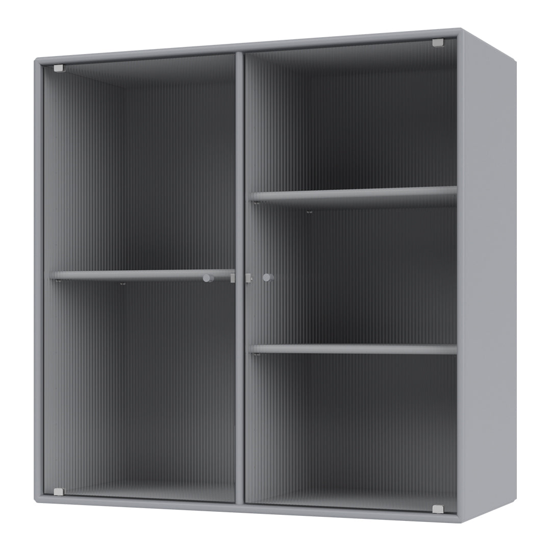 Gray cabinet with a ribbed texture, featuring two compartments and multiple shelves for versatile storage.
