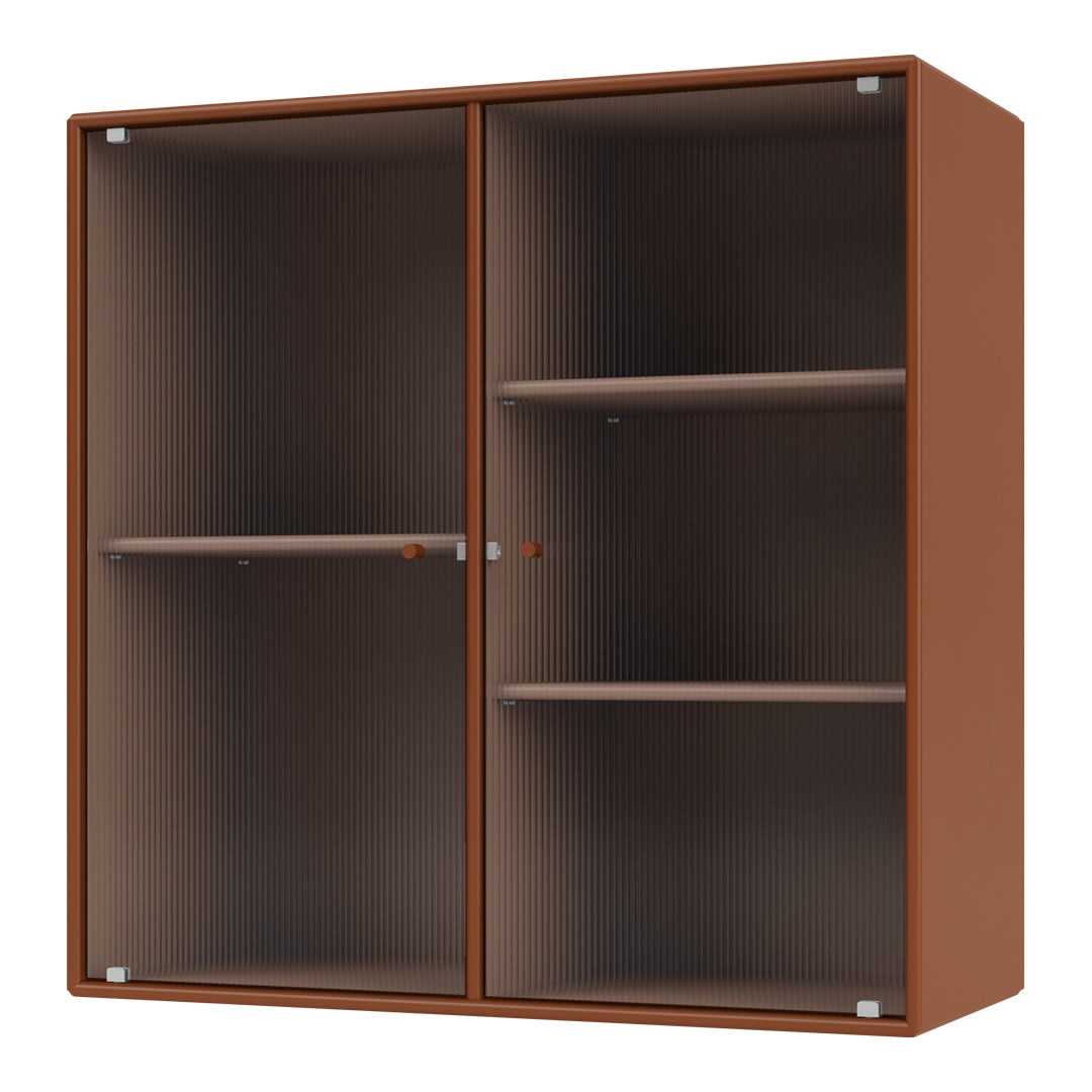 Brown ribbed cabinet with glass doors and sleek wooden shelves, perfect for modern storage solutions.