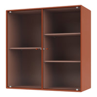 Rust-colored cabinet with ribbed texture and transparent glass doors, featuring two adjustable shelves.