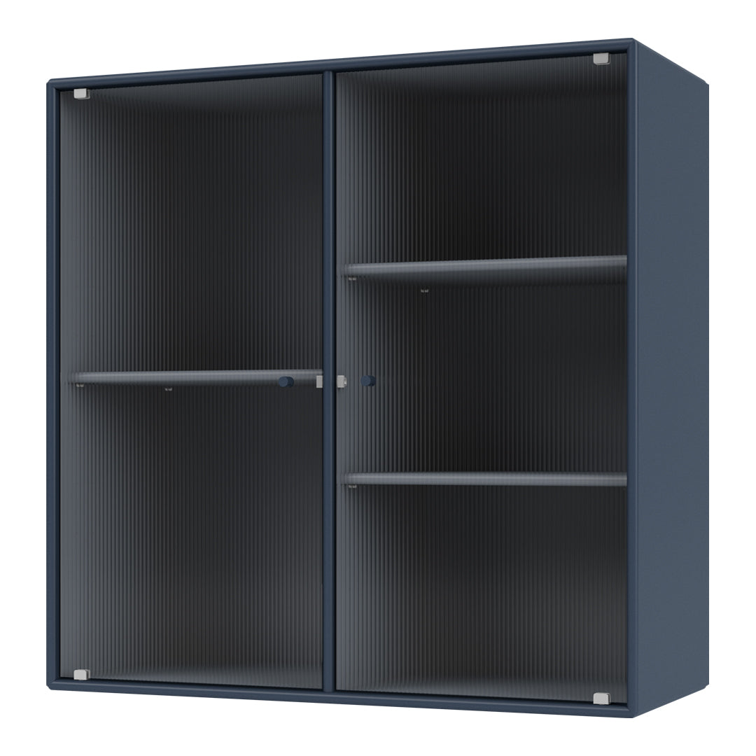 Navy blue cabinet with ribbed texture, featuring two glass doors and three spacious shelves for stylish organization.