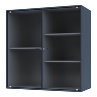 Navy blue cabinet with ribbed texture, featuring two glass doors and three spacious shelves for stylish organization.