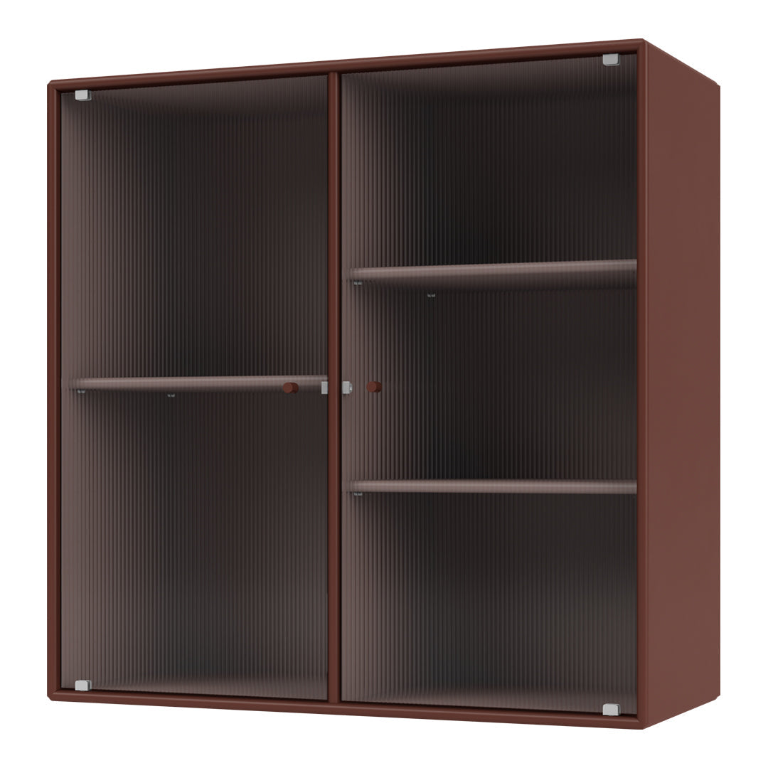 Brown ribbed glass-door cabinet with sleek lines and modern finish. Stylish storage solution for any space.