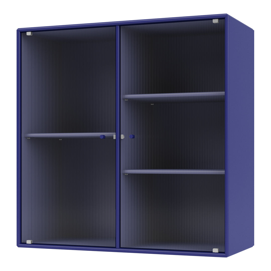 Vintage blue double-door cabinet with ribbed pattern and sleek design, perfect for modern storage solutions.