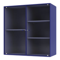 Vintage blue double-door cabinet with ribbed pattern and sleek design, perfect for modern storage solutions.