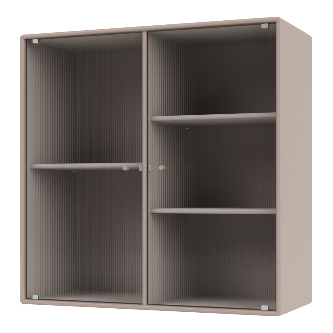 "Light beige open shelf cabinet with a textured, ribbed pattern and sleek design."