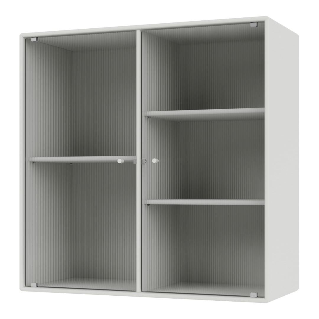 Light gray cabinet featuring a subtle ribbed texture, with two sections and adjustable shelves. Perfect for modern spaces.