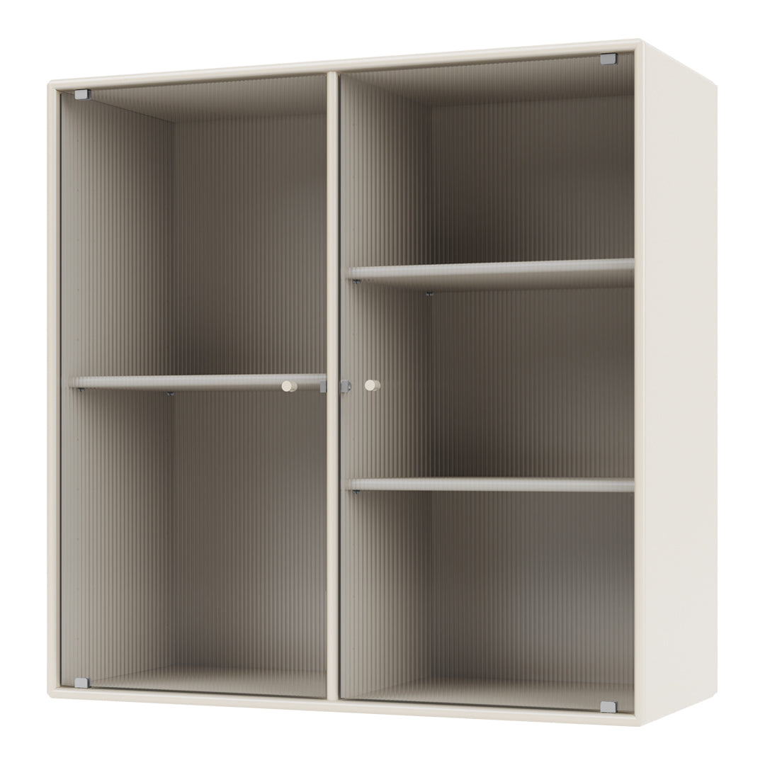 Cream-colored storage cabinet with vertical ribbed texture and neutral gray shelving inside.