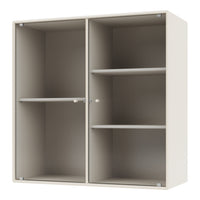 Cream-colored storage cabinet with vertical ribbed texture and neutral gray shelving inside.
