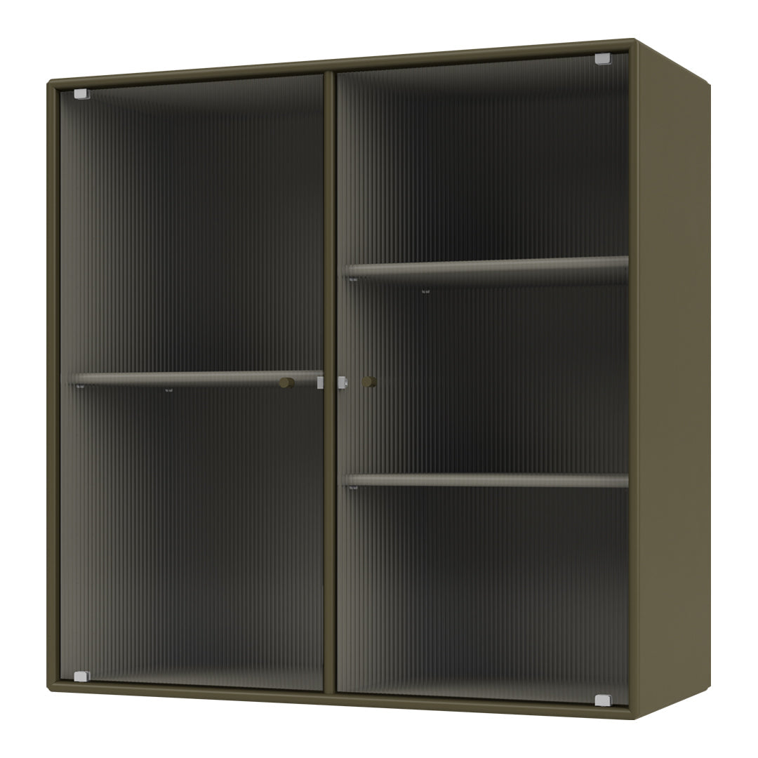 Olive green cabinet with a textured, ribbed pattern and sleek glass doors, perfect for modern interiors.