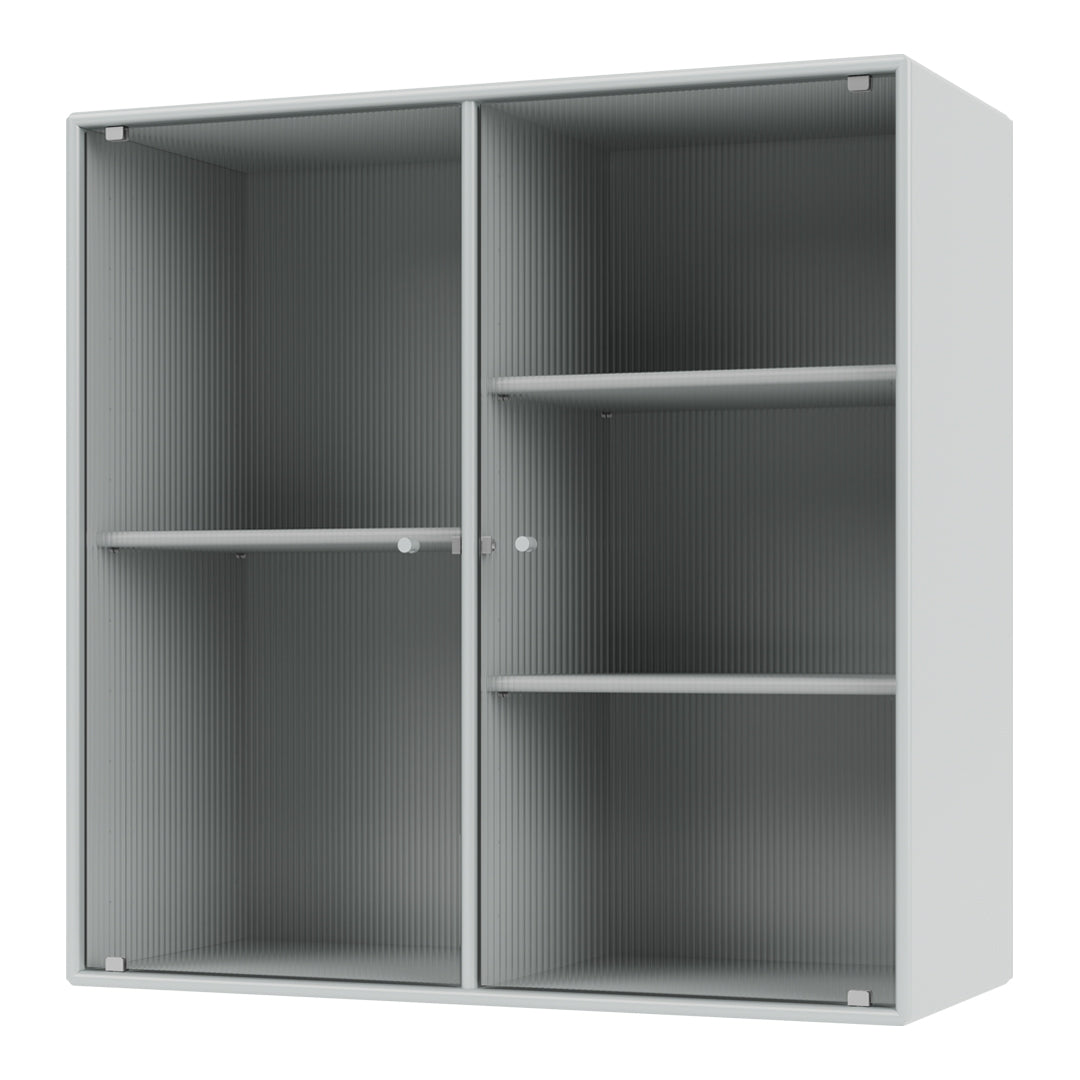 Grey vertical ribbed storage cabinet with smooth edges and multiple shelves for functional organization.
