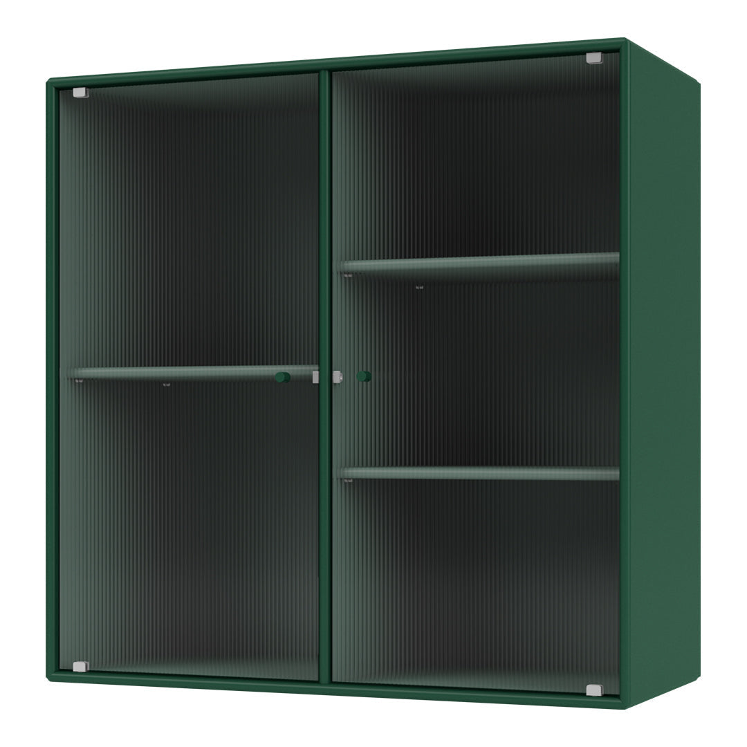 Dark green cabinet with ribbed texture and glass doors, featuring sleek silver handles and interior shelves.