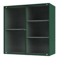 Dark green cabinet with ribbed texture and glass doors, featuring sleek silver handles and interior shelves.