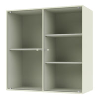 Light green shelving unit with vertical ribbed pattern and minimalistic design, featuring open and closed compartments.