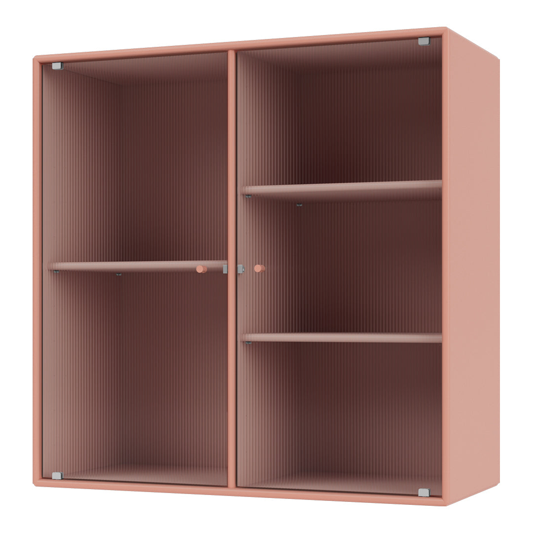 Peach-colored cabinet with vertical ribbed pattern and minimalistic design, featuring four shelves.