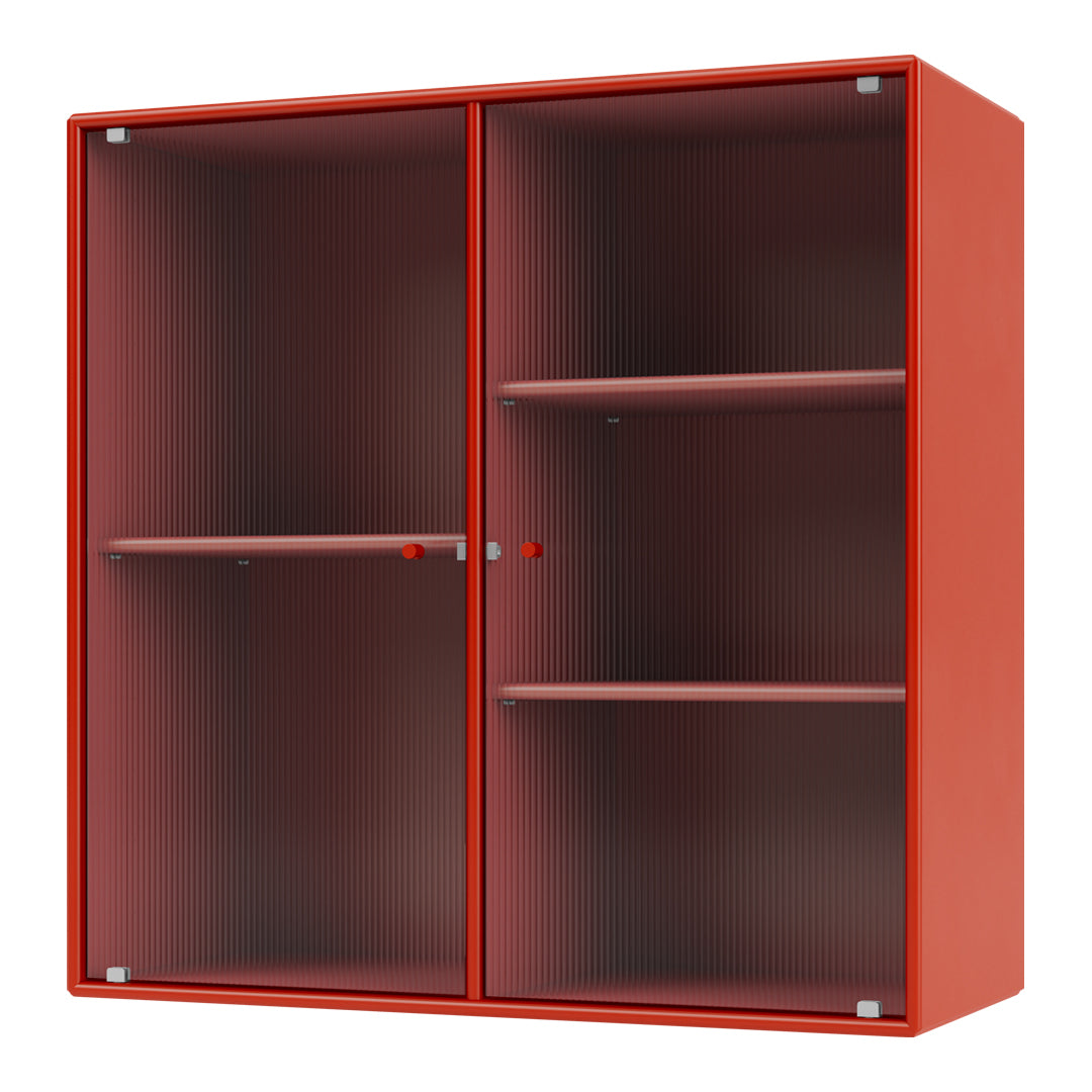 Red cabinet with vertical ribbed pattern and transparent glass doors, perfect for modern decor.