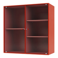 Red cabinet with vertical ribbed pattern and transparent glass doors, perfect for modern decor.