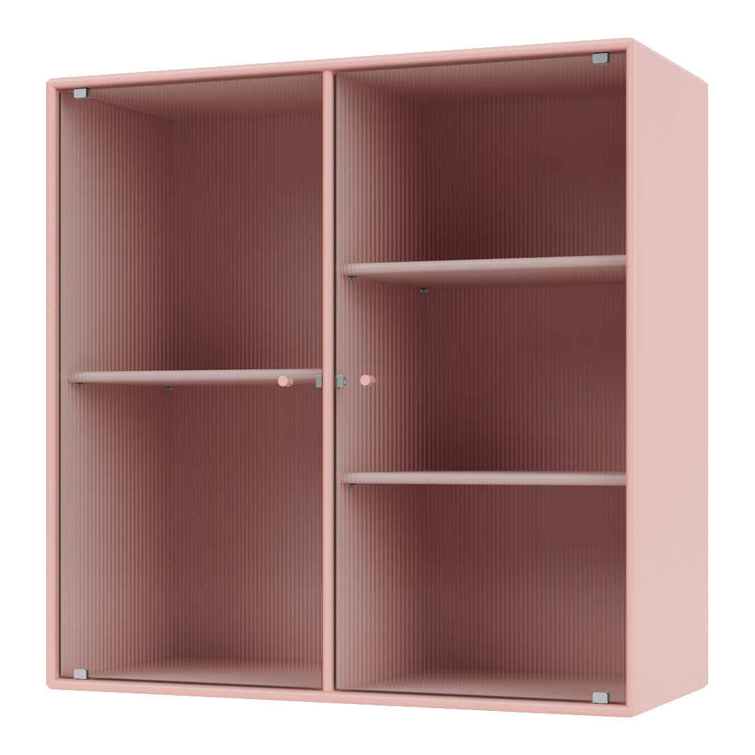 Pink ribbed storage cabinet with a smooth finish and two open sections, featuring minimalist design elements.