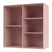 Pink ribbed storage cabinet with a smooth finish and two open sections, featuring minimalist design elements.