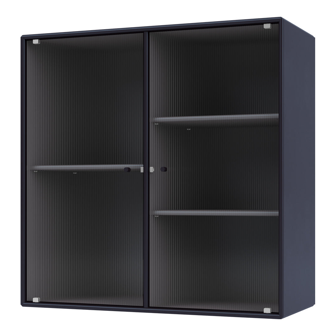 Black ribbed two-door cabinet with transparent glass shelves and a modern design. Stylish and contemporary storage solution.