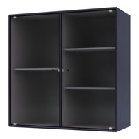 Black ribbed two-door cabinet with transparent glass shelves and a modern design. Stylish and contemporary storage solution.