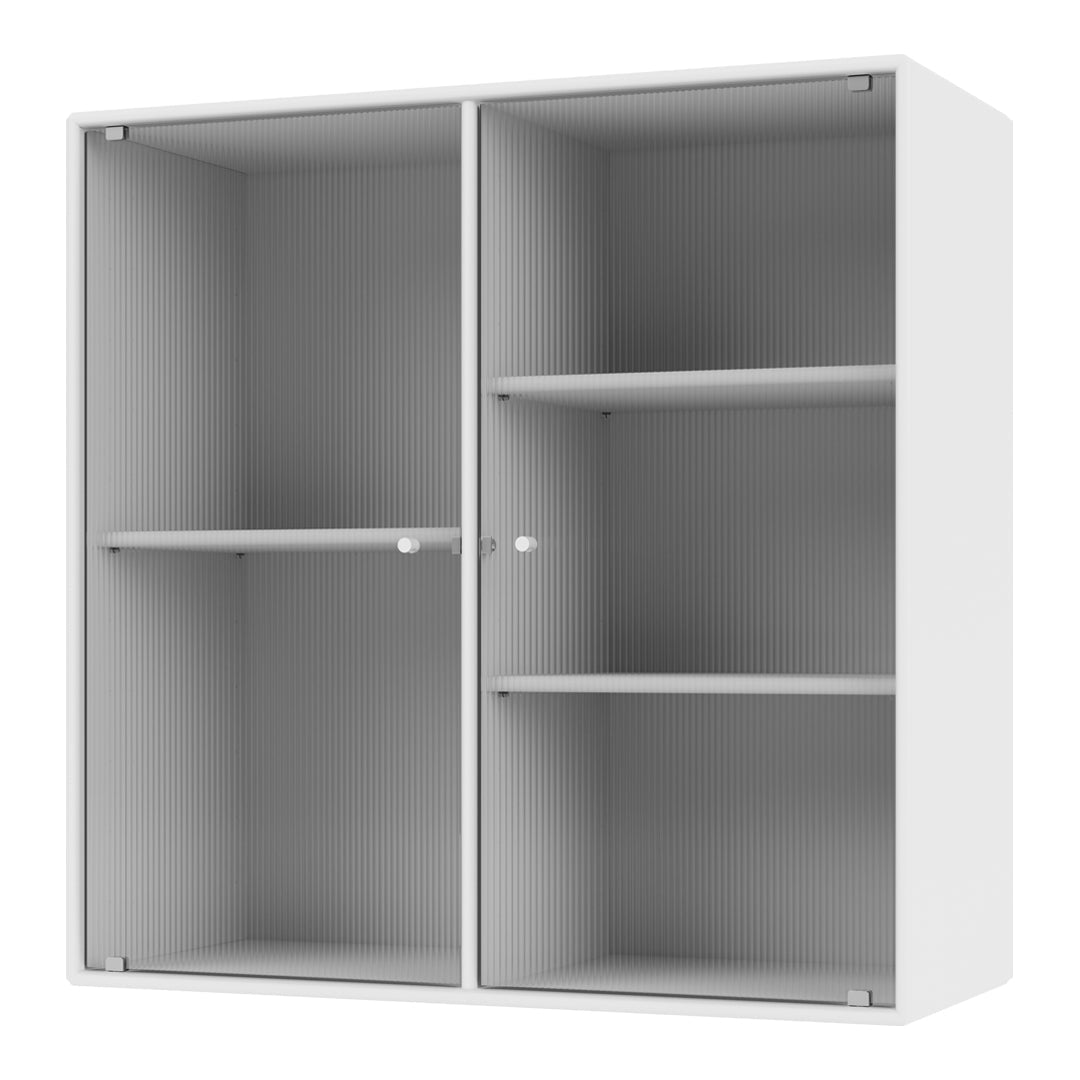 White cabinet with vertical ribbed texture and clean, minimalist design, featuring gray interior shelving.