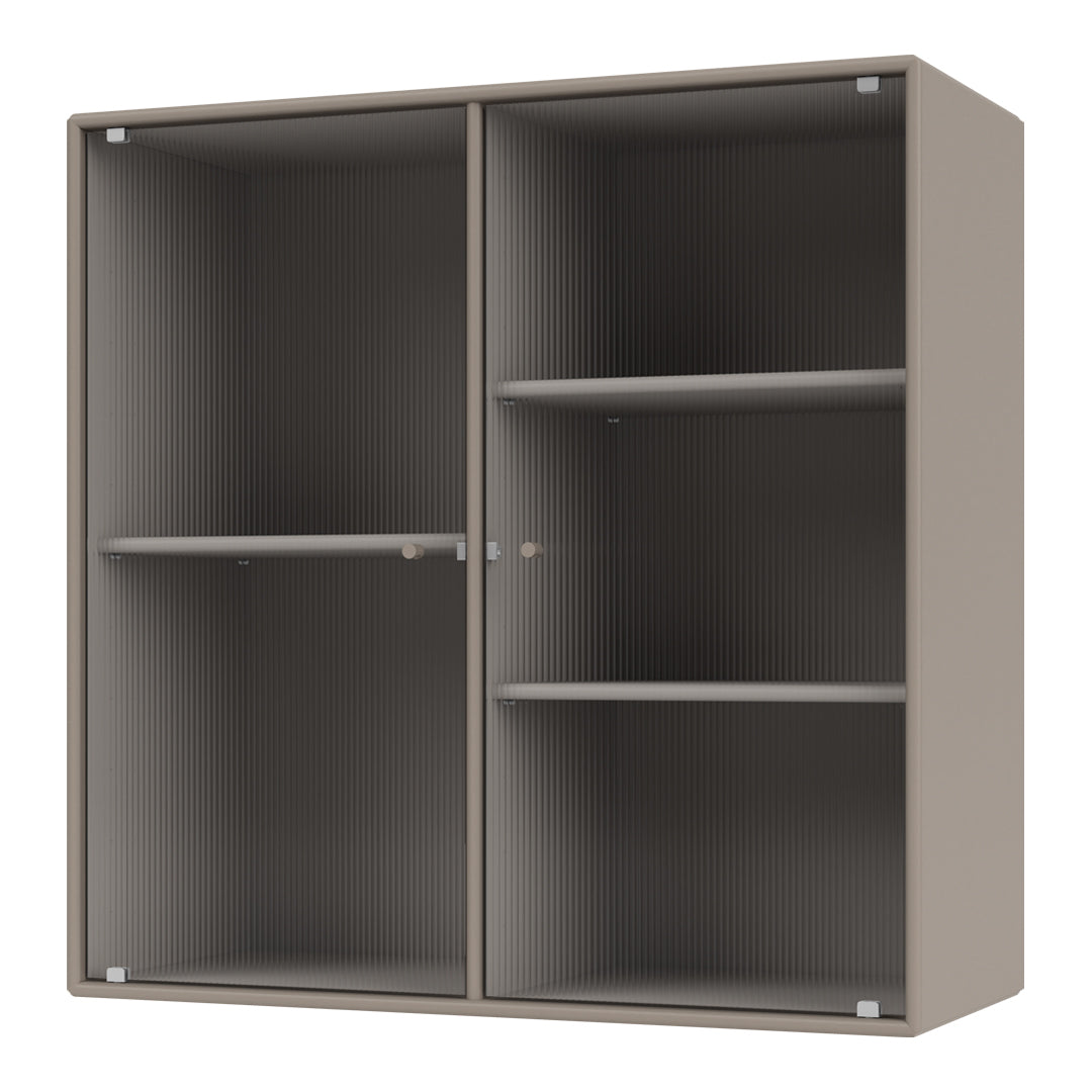 Beige storage cabinet with a ribbed texture and open shelves, ideal for modern decor.
