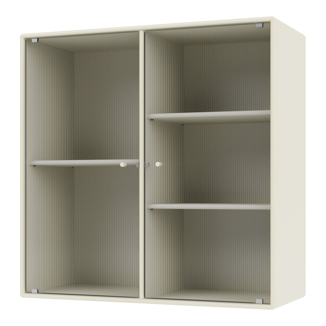Cream-colored storage cabinet with a textured ribbed pattern and two adjustable shelves.