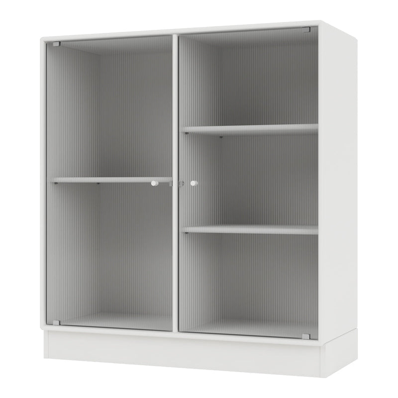 White cabinet with vertical ridged pattern and sleek design, featuring transparent glass doors and open shelves.