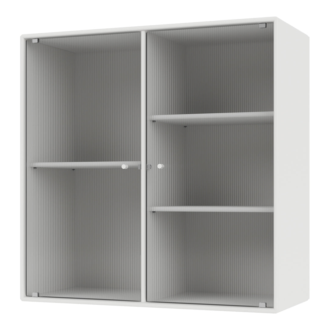 White cabinet with vertical ribbed pattern and open shelves, featuring subtle gray undertones. Modern and minimalistic design.