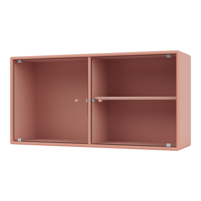 Peach-colored bookshelf with a ribbed pattern and sleek silver hardware. Ideal for modern home decor.